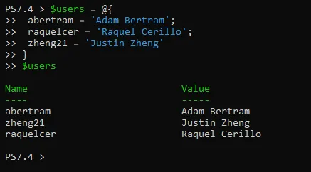 Creating a sample hashtable