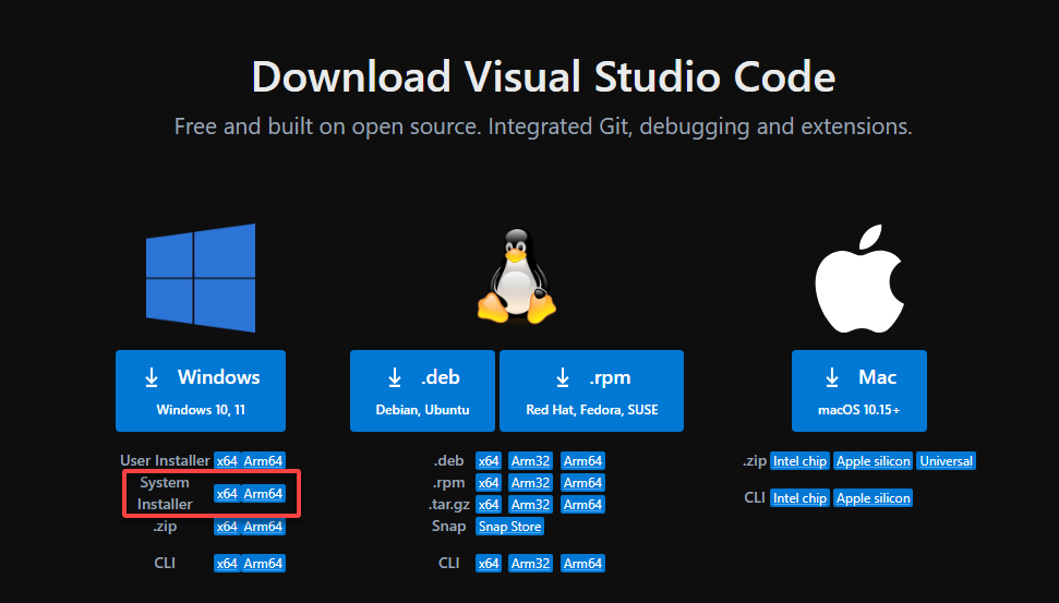 Picking an OS-compatible VS Code installer