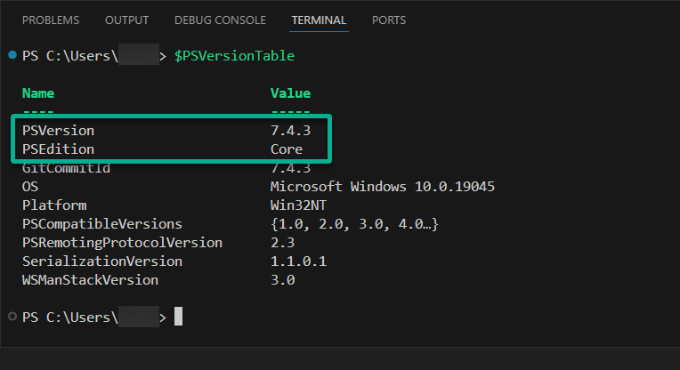 Verifying the PowerShell version used in VS Code’s terminal