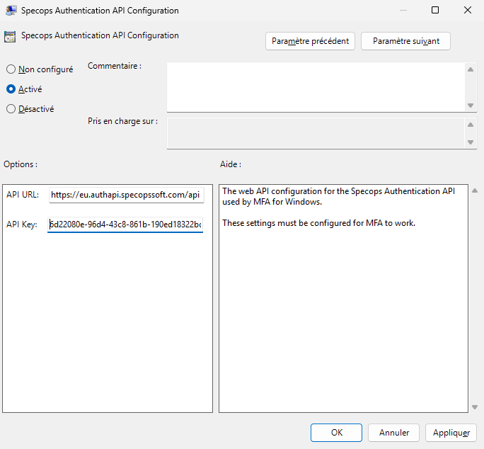 Specops Authentication API Configuration settings