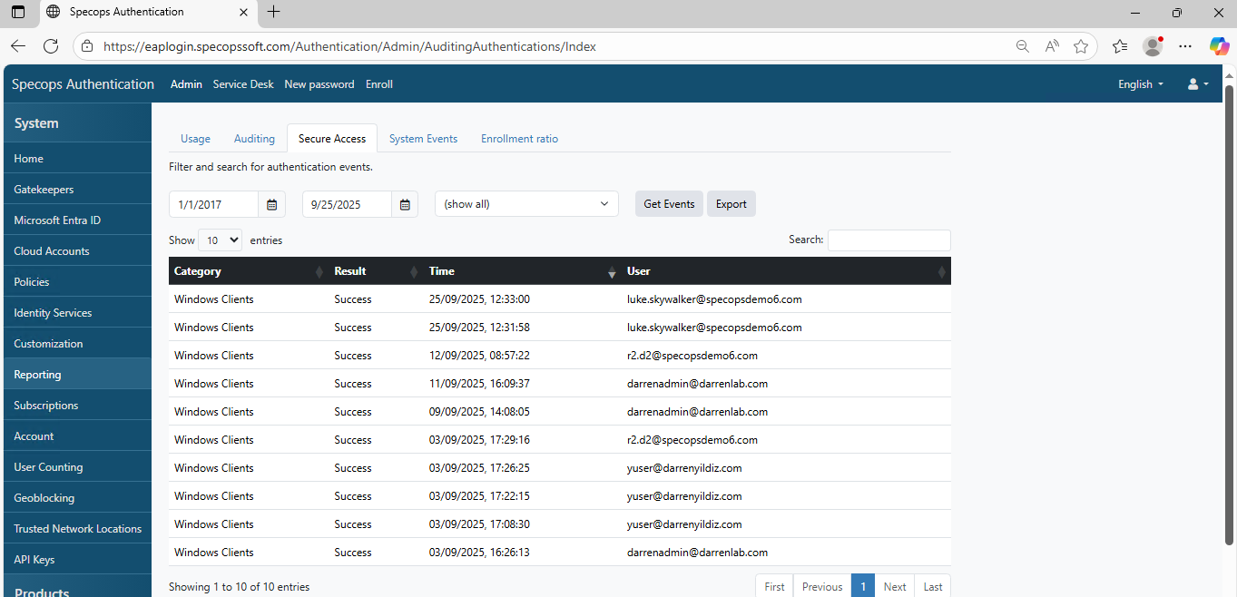 Specops portal MFA login reports