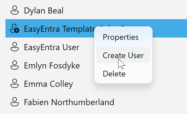 Right-click template to create user
