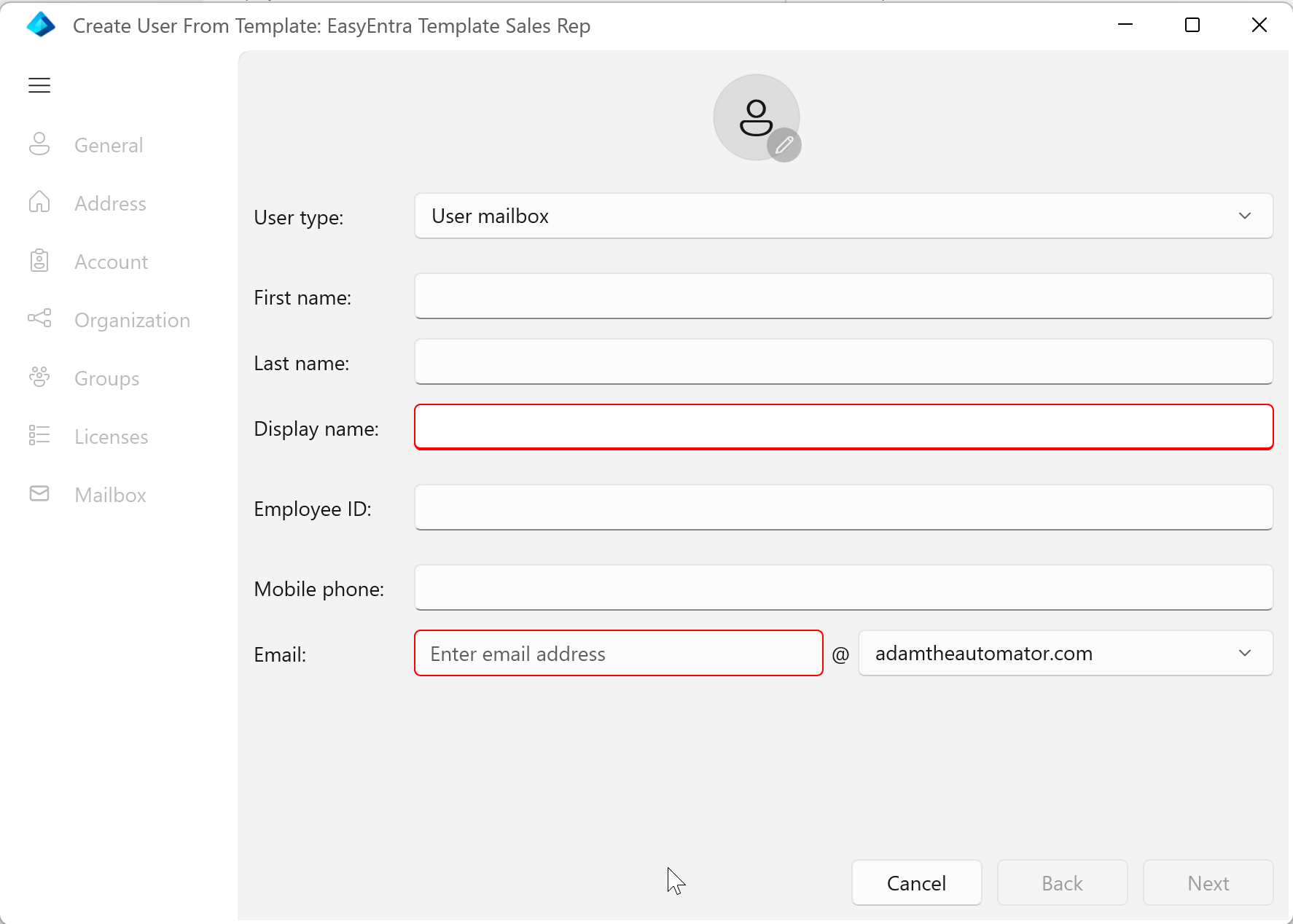 Create user from template form