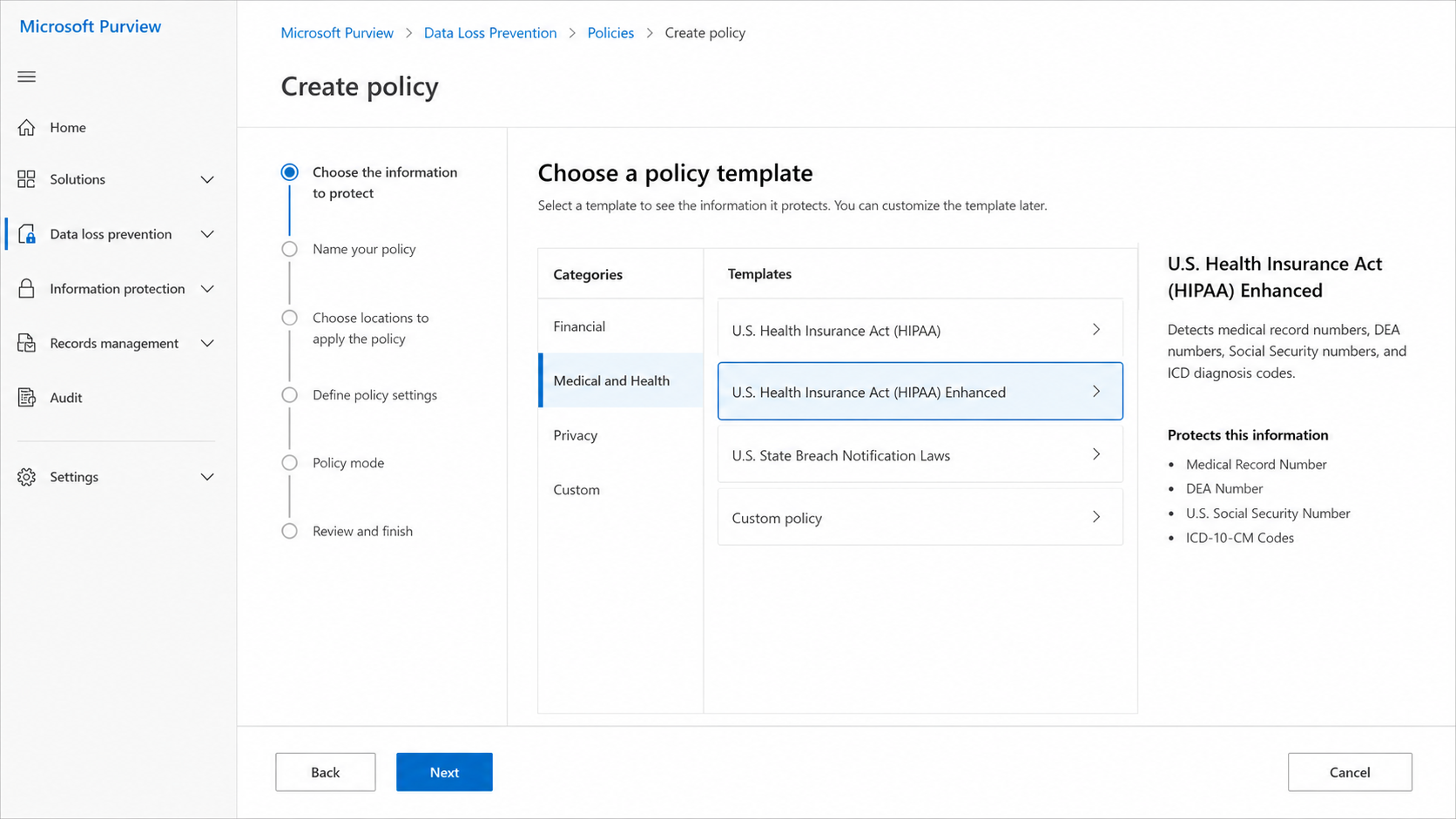 Template selection screen