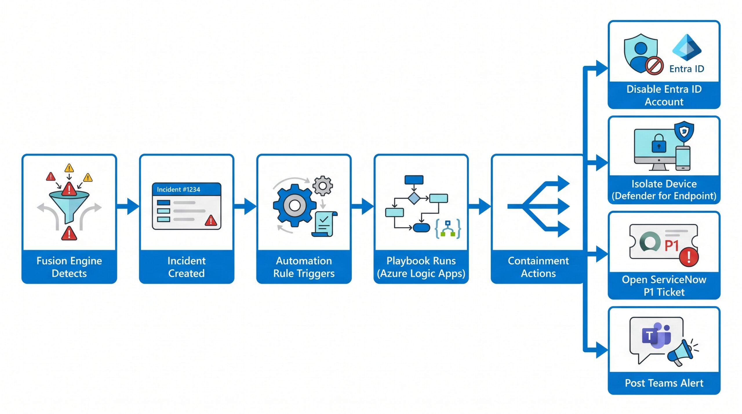 Microsoft Sentinel automated incident response flow: the Fusion engine detects a correlated incident, an automation rule triggers, an Azure Logic Apps playbook runs, and four containment actions execute in parallel — disable the Entra ID account, isolate the device via Defender for Endpoint, open a ServiceNow P1 ticket, and post an alert to Microsoft Teams.