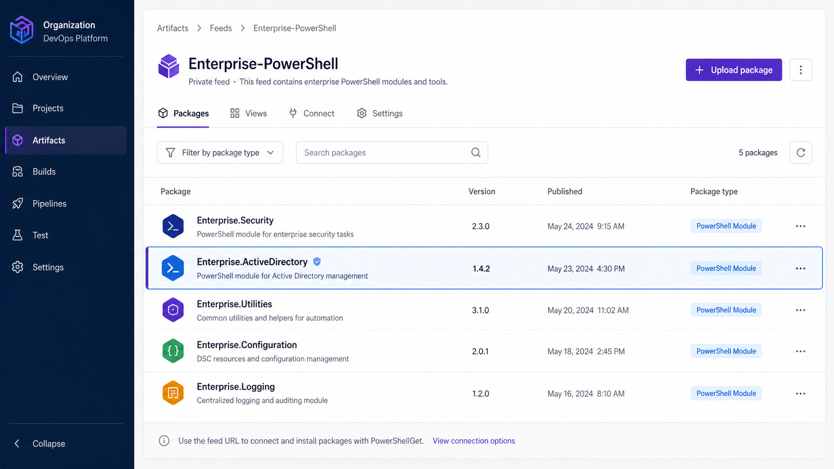 Azure Artifacts feed showing a published enterprise PowerShell module package.