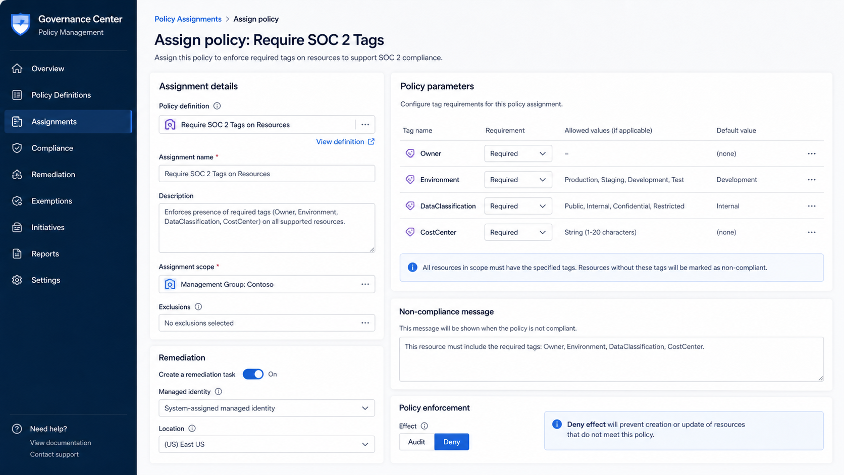 Azure Policy assignment for required SOC 2 tags