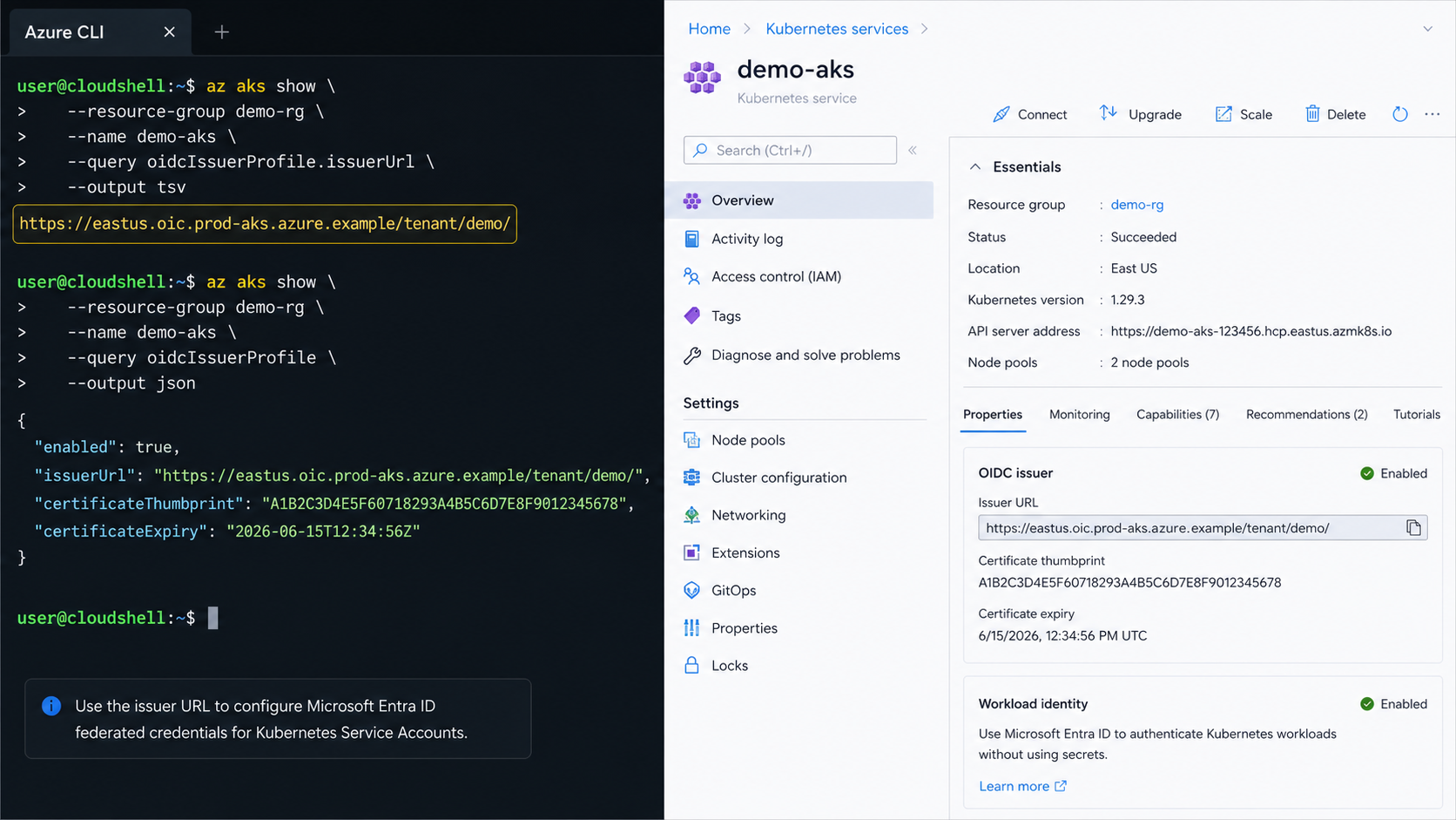 Azure portal or CLI output showing the AKS OIDC issuer URL.