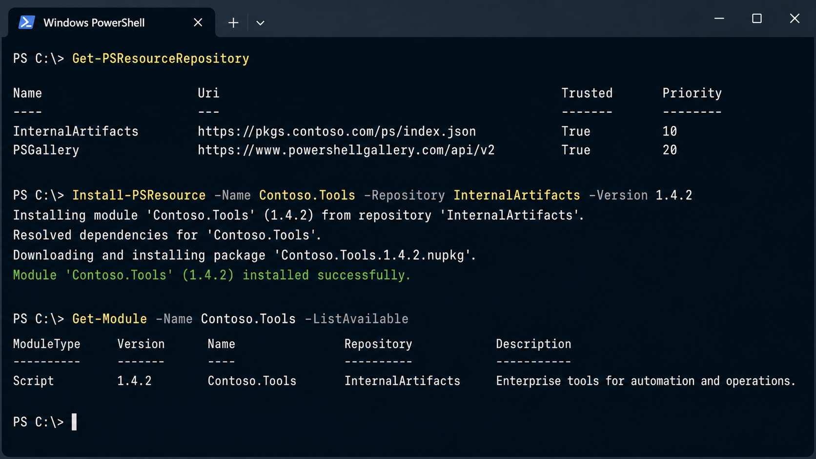 PowerShell console showing Get-PSResourceRepository and Install-PSResource output.