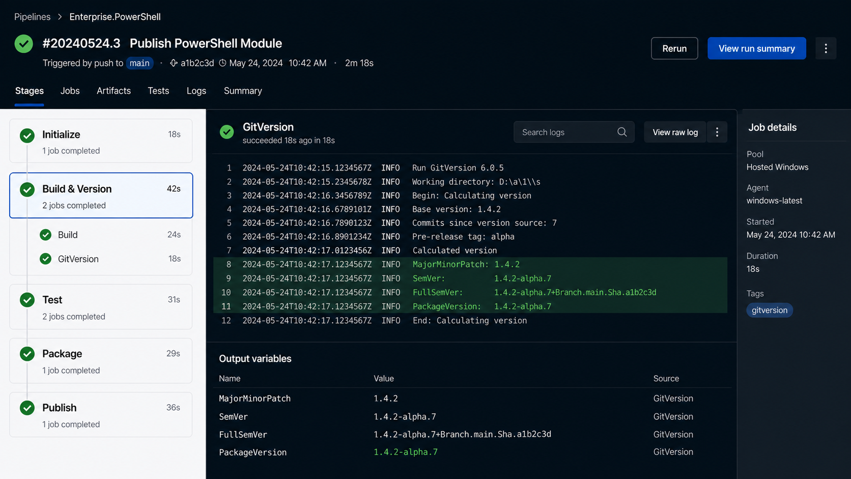 Azure DevOps pipeline run showing GitVersion variables and calculated SemVer.