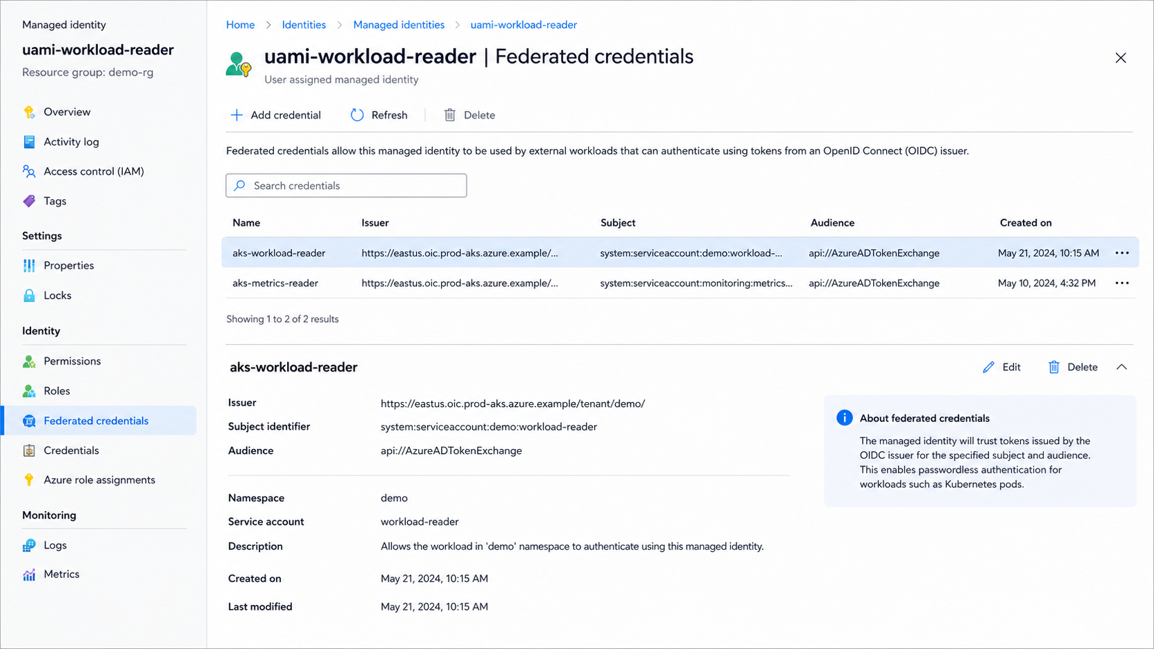 Azure managed identity federated credentials page showing issuer, subject, and audience.