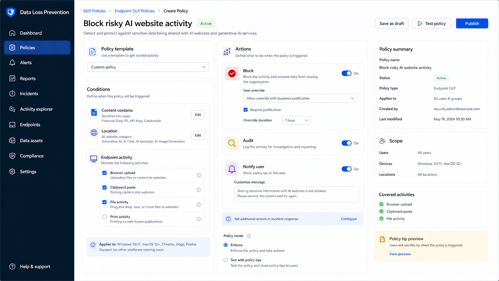Microsoft Purview DLP policy configured for endpoint activity involving AI websites