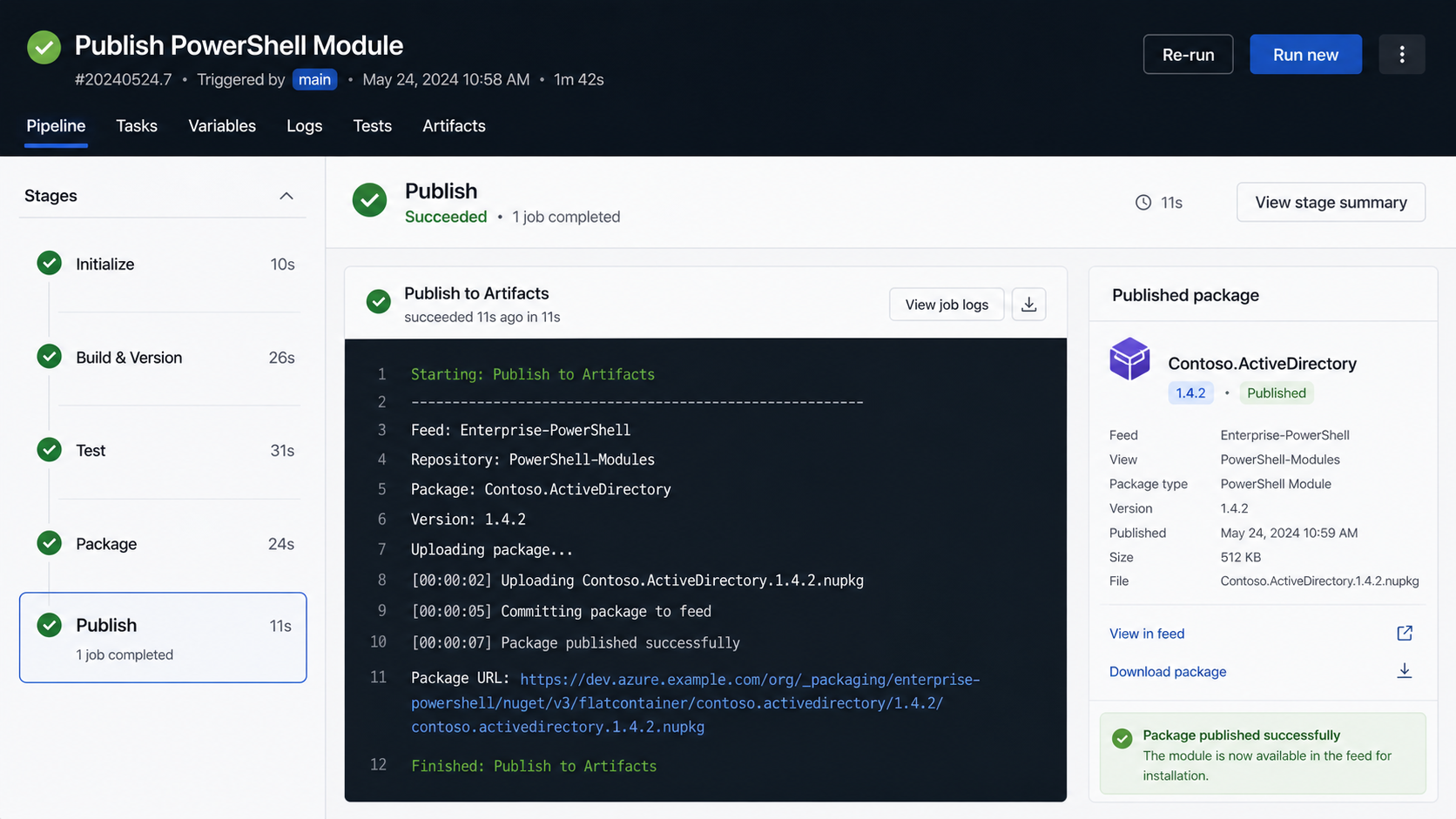 Successful Azure DevOps pipeline stage publishing a module package to Azure Artifacts.