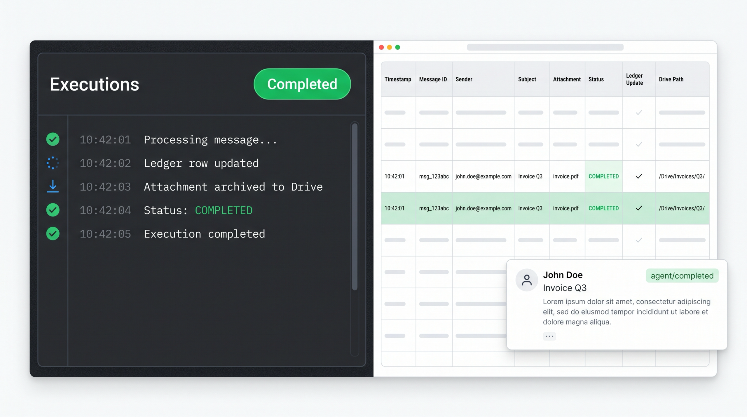 Execution log and ledger