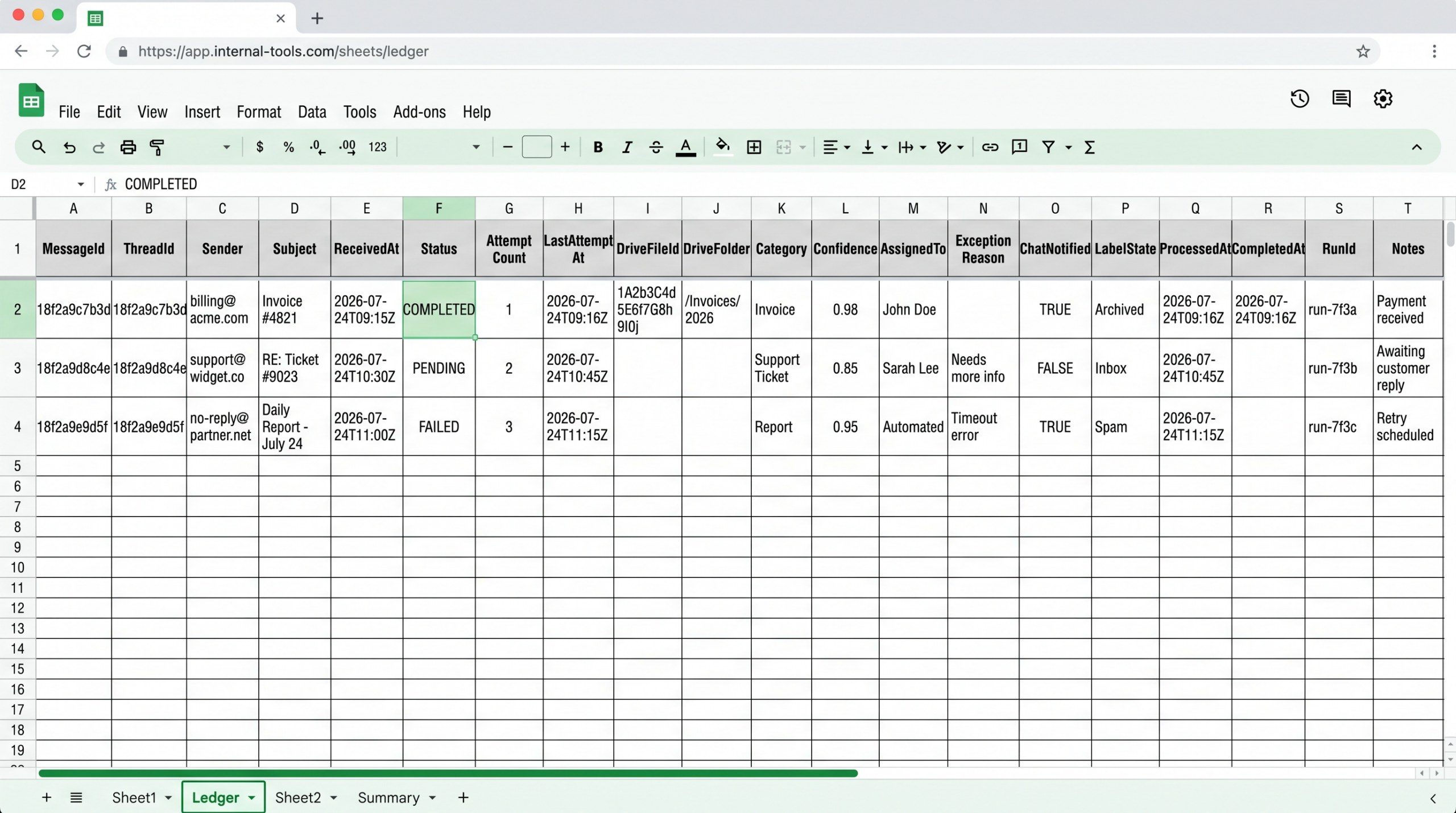 Ledger worksheet columns