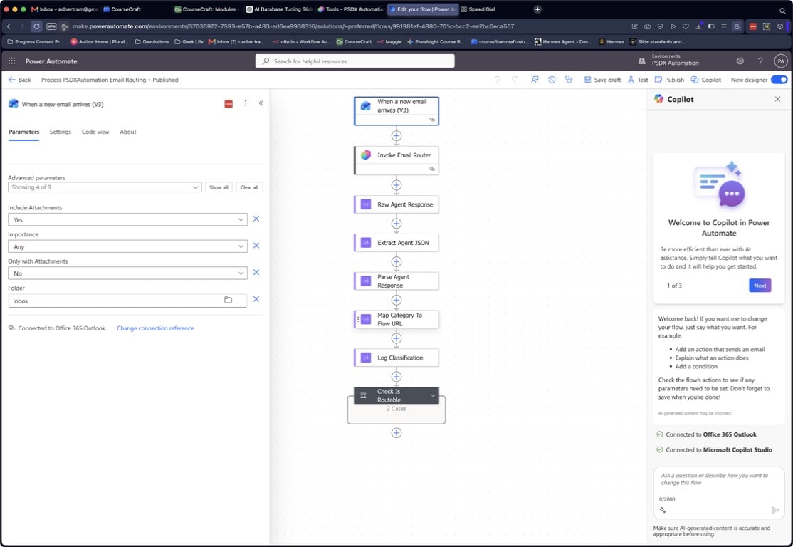 Power Automate designer with the When a new email arrives V3 trigger selected; its Parameters panel shows Include Attachments, Importance, Only with Attachments, and Folder