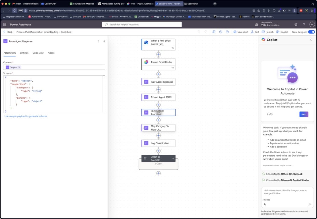Power Automate designer with Parse Agent Response selected; the Parameters panel highlights the Content token and JSON Schema editor