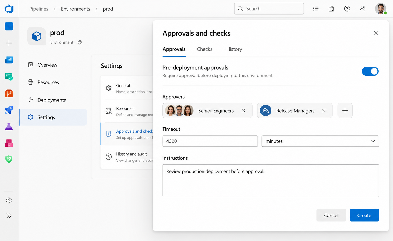Configuring the prod environment approval check