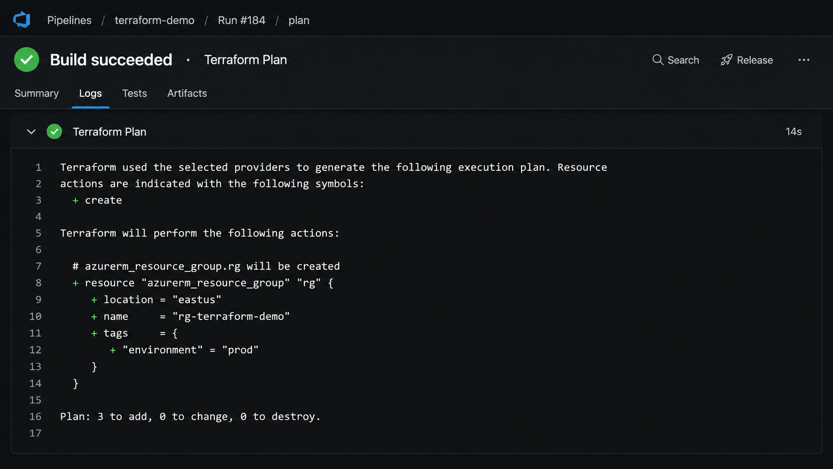 Terraform plan output in a pipeline run