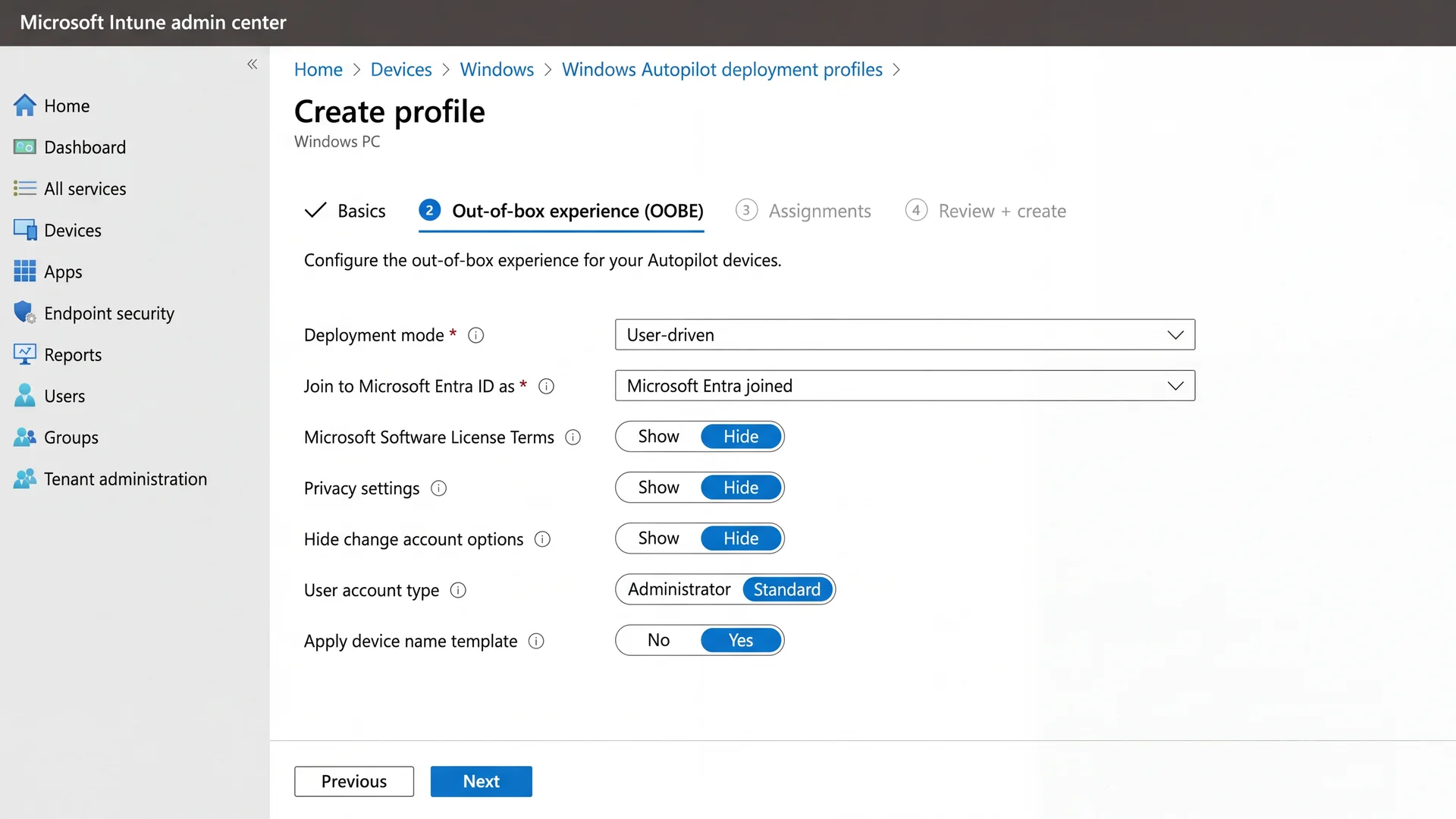 OOBE profile settings