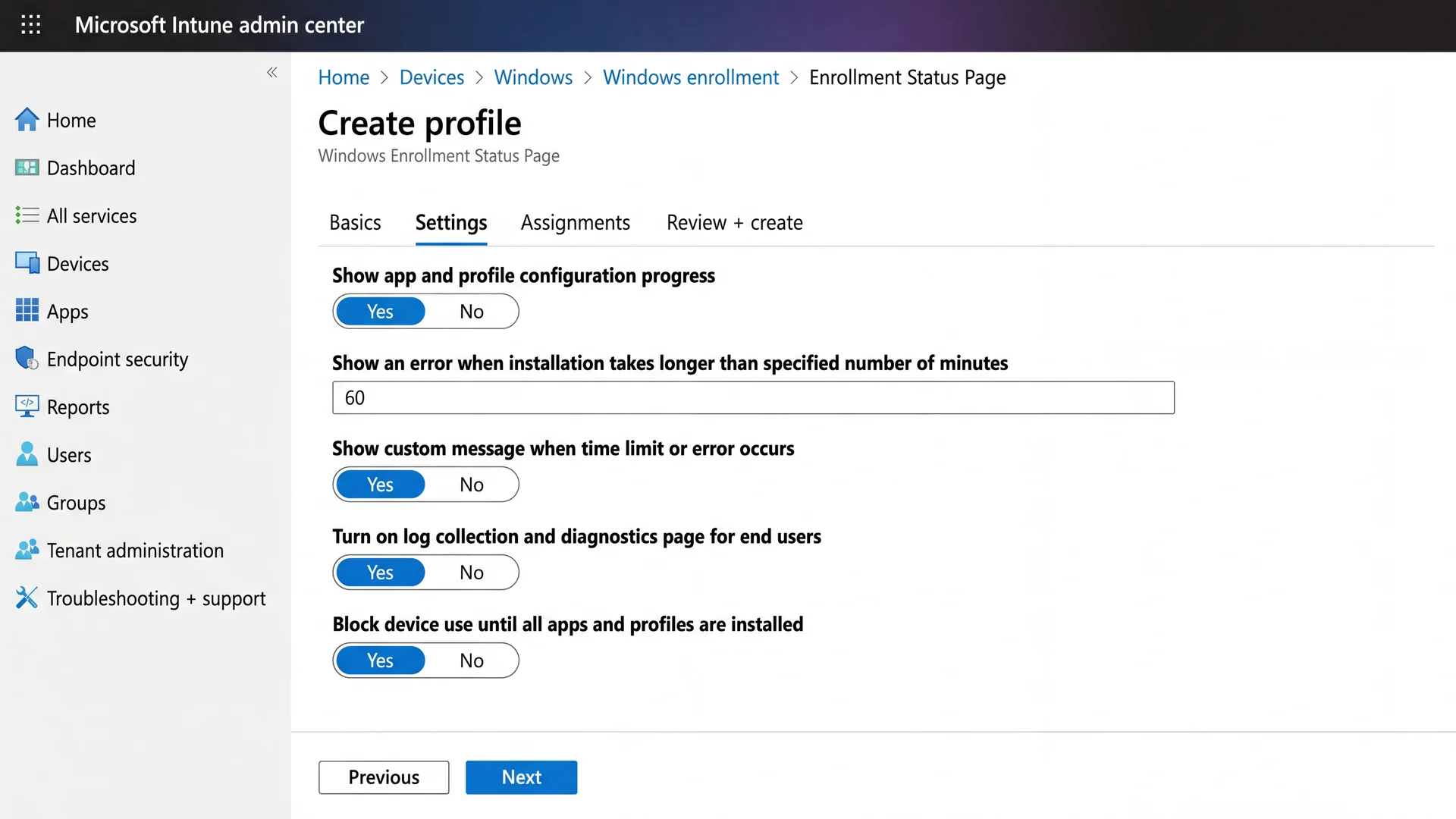 ESP profile settings